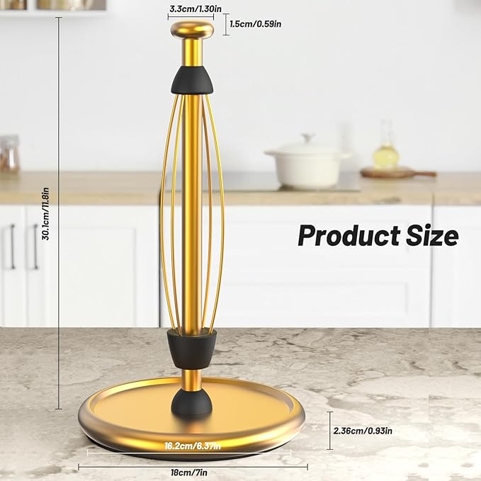 VEHHE Gold Paper Towel Holder Countertop with Weighted Base, One-Handed Tear Kitchen Towel Holder with Damping Function and EVA Non-Slip Pad for Bathroom - Image 4