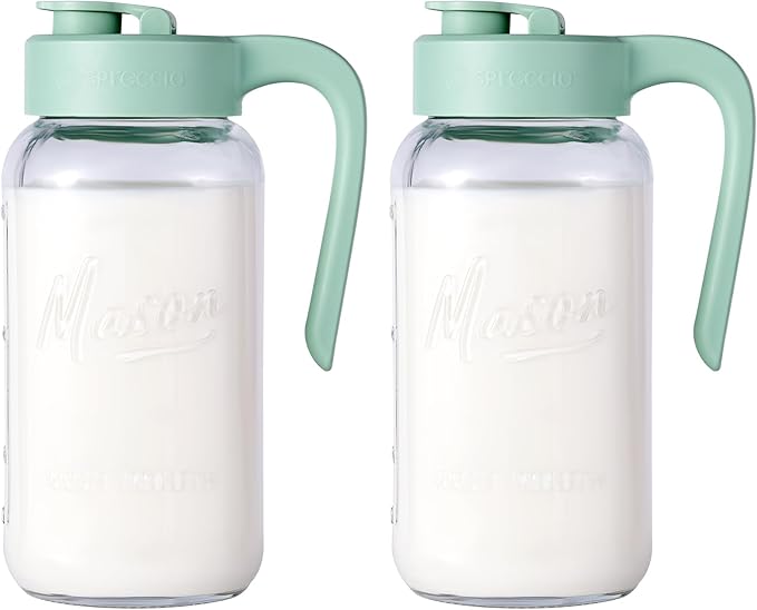 Mason Jar Pitcher - Airtight & Leakproof Glass Pitcher with Lid[set of 2], Perfect for Breastmilk, Cold Brew, and Sun Tea, 2 Quart (64 oz) Mason Jar with Pour Spout Lid by spreccio