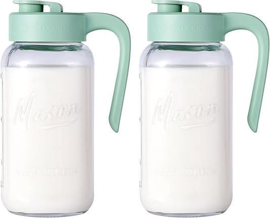 Mason Jar Pitcher - Airtight & Leakproof Glass Pitcher with Lid[set of 2], Perfect for Breastmilk, Cold Brew, and Sun Tea, 2 Quart (64 oz) Mason Jar with Pour Spout Lid by spreccio