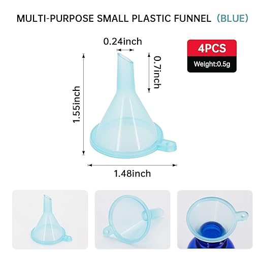 Mini Funnel 4-Pack for Lab Bottles, Sand Art, Perfume, Spice, Powder, Essential Oil, Recreational, Kitchen Food Grade Small Plastic (Blue)