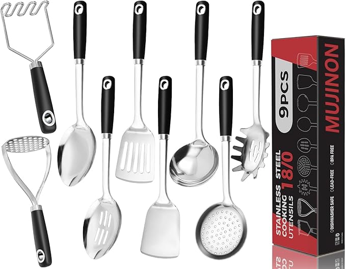 18/0 Stainless Steel Cooking Utensils Set, Heavy Duty Kitchen Utensils for Daily Use Party Wedding Housewarming, Dishwasher Safe, 9 Pieces by MUJINON