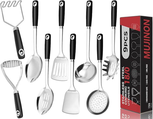 18/0 Stainless Steel Cooking Utensils Set, Heavy Duty Kitchen Utensils for Daily Use Party Wedding Housewarming, Dishwasher Safe, 9 Pieces by MUJINON