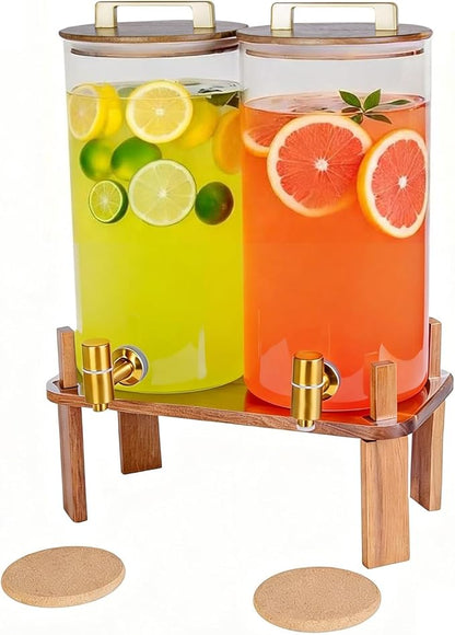 2 PACK 1.5 Gallon Glass Beverage Dispenser with Wooden Lid, Drink Dispenser with Wooden Stand, Lemonade Dispenser with Stainless Steel Leak-Proof Spigot for Parties, Weddings by SHOREHAO