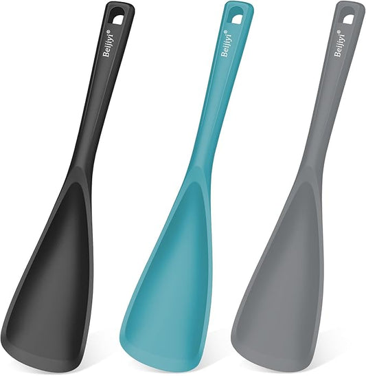 Beijiyi 3 Pack Silicone Cooking Spoons, 12.6 In Multifunction Spatula Spoon for Nonstick Cookware, BPA-Free Kitchen Utensils, Great for Cooking, Serving, Mixing, Multicolor (Black/Blue/Grey)