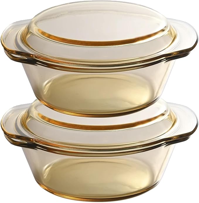 Amber Borosilicate Glass Casserole Dish with Lid - 1.0 Qt Round Baking Dish with Handles - Heat Resistant Cookware for Oven, Microwave, Dishwasher & Freezer