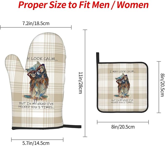 Funny Owl Oven Mitts and Pot Holders Sets of 3 Kitchen Hot Pads Cute Buffalo Plaid Oven Gloves Heat Resistant Washable for Cooking Grilling Baking Holiday Kitchen Decor - Image 4
