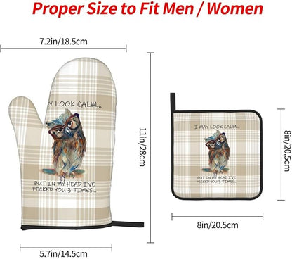 Funny Owl Oven Mitts and Pot Holders Sets of 3 Kitchen Hot Pads Cute Buffalo Plaid Oven Gloves Heat Resistant Washable for Cooking Grilling Baking Holiday Kitchen Decor - Image 4