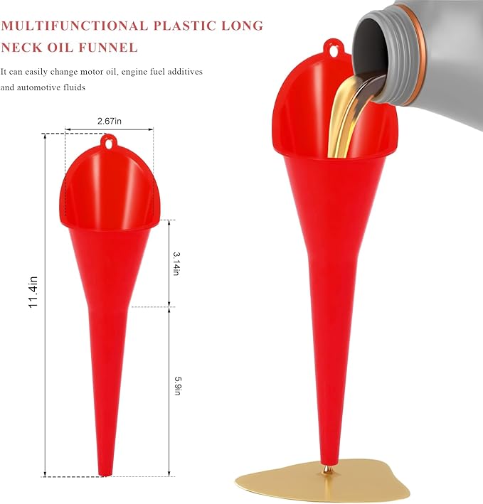 Oil Funnel, Multi-Purpose Plastic Long Neck Oil Funnel, Automotive Use Funnels for Filling Oils Lubricants Water Diesel, Kitchen Funnels for Filling Bottles Jars (Red)