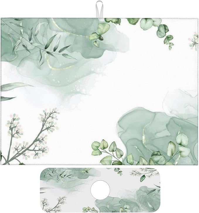 Watercolor Green Leaf Floral Dish Drying Mat for Kitchen Counter, 18"x24" Microfiber Absorbent Fast Dry Mat, 2Pcs Dish Mat Faucet Mats Sets, Large Drying Kitchen Mat Kitchen Drying Pad