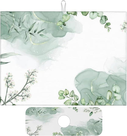 Watercolor Green Leaf Floral Dish Drying Mat for Kitchen Counter, 18"x24" Microfiber Absorbent Fast Dry Mat, 2Pcs Dish Mat Faucet Mats Sets, Large Drying Kitchen Mat Kitchen Drying Pad