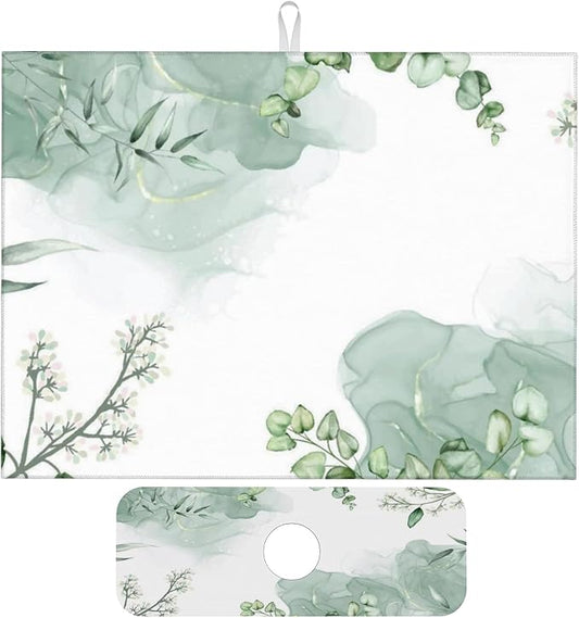 Watercolor Green Leaf Floral Dish Drying Mat for Kitchen Counter, 18"x24" Microfiber Absorbent Fast Dry Mat, 2Pcs Dish Mat Faucet Mats Sets, Large Drying Kitchen Mat Kitchen Drying Pad