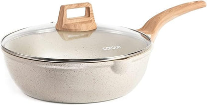 CAROTE 12Inch Nonstick Deep Frying Pan with Lid, 5.5 Qt Jumbo Cooker Saute Pan with Pour Spout, Skillet Induction Cookware, Non Stick Cooking Pan Kitchen Pan PFOA Free, White Granite by CAROTE