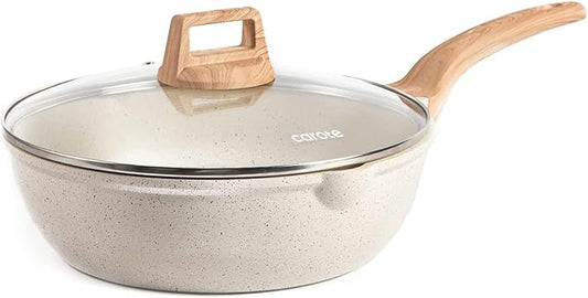 CAROTE 12Inch Nonstick Deep Frying Pan with Lid, 5.5 Qt Jumbo Cooker Saute Pan with Pour Spout, Skillet Induction Cookware, Non Stick Cooking Pan Kitchen Pan PFOA Free, White Granite by CAROTE