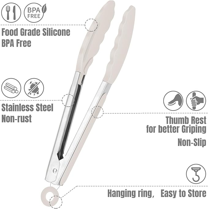 Hotec 7-Inch Mini Silicone Kitchen Tongs, Heat Resistant Non-Stick Small Serving Tongs with Silicone Tips, Food Safe Cooking Tongs Set of 3 (Black, Grey, White) - Image 4