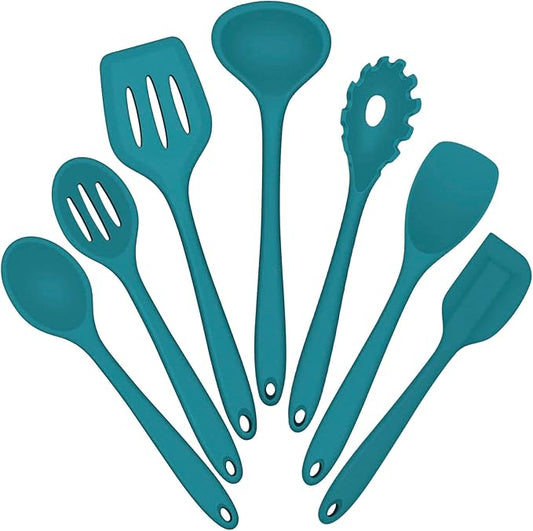 Silicone Cooking Utensils Set, E-far 7-Piece Blue Heat Resistant Kitchen Utensils Set, Kitchen Nonstick Tools Spatula Ladle Spoon Pasta Server for Non-stick Cookware, Non-Toxic & Dishwasher safe by E-far