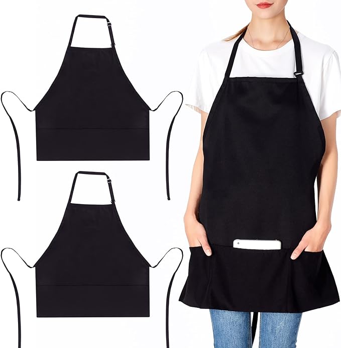Jubatus 2 Pack 3 Pockets Adjustable Bib Apron Chef Kitchen Cooking Aprons for Women Men, Black by Jubatus