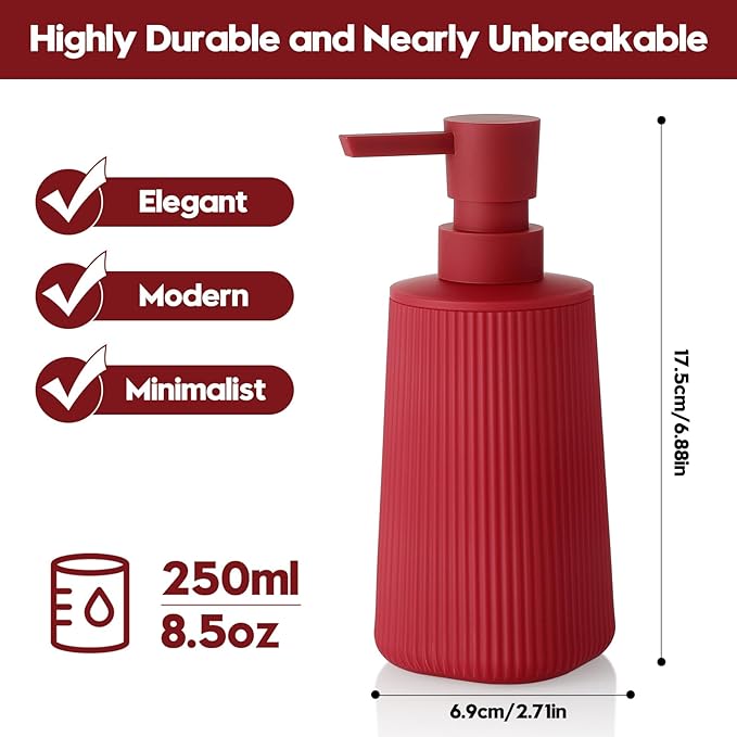 Small Soap Dispenser for Bathroom and Kitchen, Modern Farmhouse Striped Style Plastic Hand Soap Dish Soap Dispenser with Pump Matte Red - Image 6