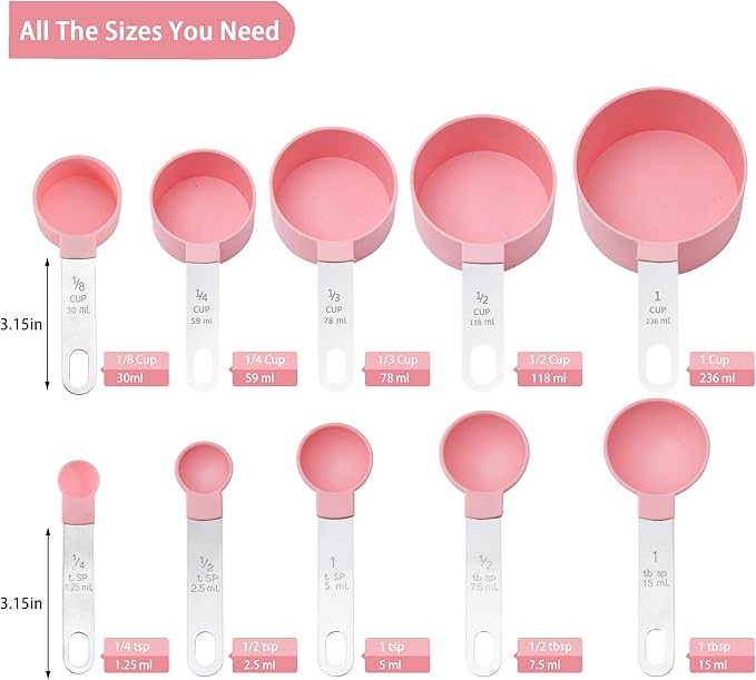 Measuring Cups and Spoons Set of Huygens Kitchen Gadgets 10 Pieces, Stackable Stainless Steel Handle Measuring Cups for Measuring Dry and Liquid Ingredient (Pink) - Image 2
