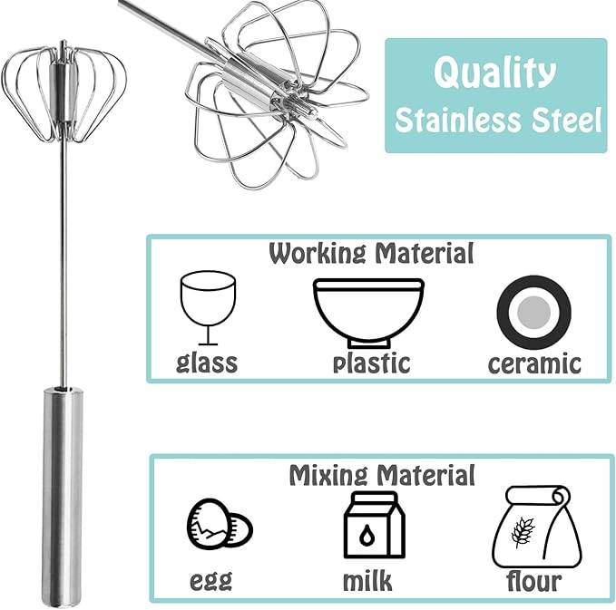 Semi-automatic Whisk, Stainless Steel Egg Beater, Hand Push Rotary Whisks Mixer Stirrer for Making Cream, Whisking, Beating and Stirring (Silver) - Image 3