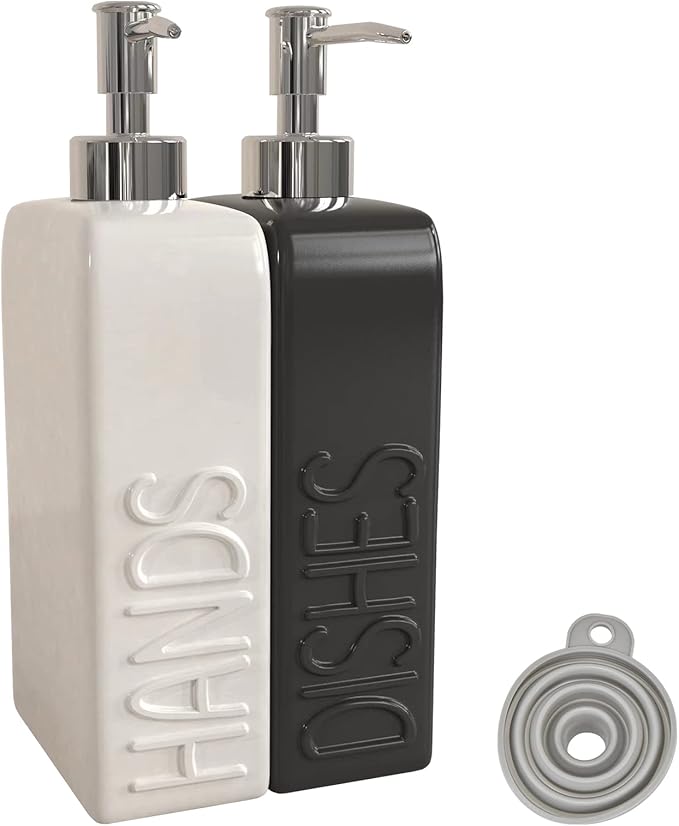 Soap Dispenser Set with Funnel, Non-Slip Silicone Pads, 2 Pack Ceramic Refillable Dish Soap and Hand Soap Dispenser for Kitchen, Bathroom, Matte Black and White by Karisky