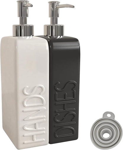 Soap Dispenser Set with Funnel, Non-Slip Silicone Pads, 2 Pack Ceramic Refillable Dish Soap and Hand Soap Dispenser for Kitchen, Bathroom, Matte Black and White by Karisky