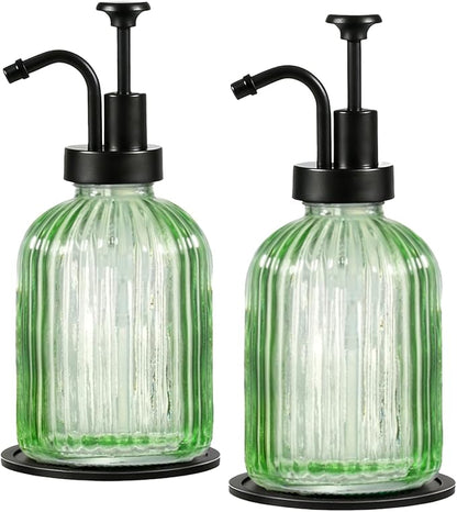 SheeChung Green Glass Soap Dispenser, 12 Oz Liquid Hand Soap Dispenser with Pump, Refillable Lotion Dish Soap Dispenser for Kitchen, Stripes Shampoo Bottle, Bathroom Countertop (Black Pump, 2 Pack)