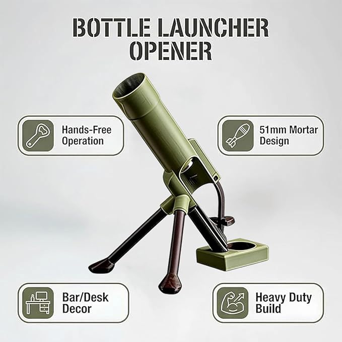 Beer Bottle Mortar Bottle Opener, 51mm Mortar Beer Bottle Opener, Heavy-Duty Tactical Cap Launcher, Hands-Free Push Down Bottles Cap Launcher, Home Party Bar Desk Decor