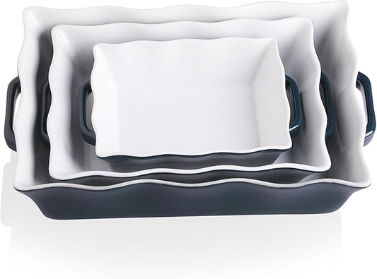 Sweejar Casserole Dishes for Oven, Ceramic Bakeware Set of 3, Rectangular Baking dish with Handles, Wave Edge Lasagna Pan Deep for Cooking, Cake, Dinner, Banquet and Daily Use (Navy) by Sweejarco1949