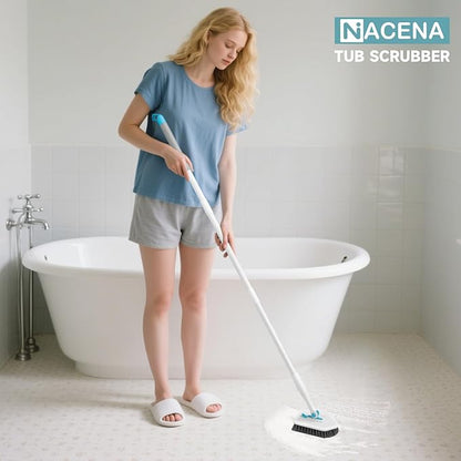 nacena Shower Scrubber with Long Handle, 4 in 1 Tile Tub Scrubber Brush with 3 Detachable Cleaning Shower Heads and Floor Squeegee Shower Cleaner Brush for Bathroom Kitchen Tub Sink Floor, Blue White