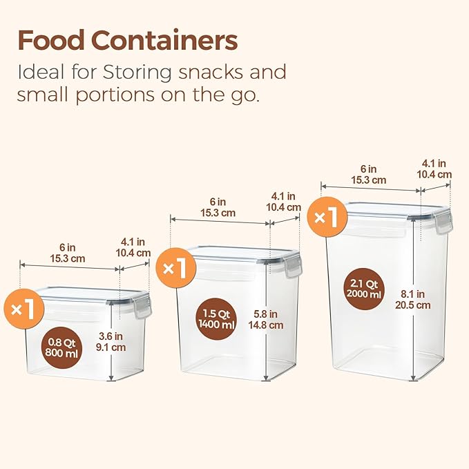 ComSaf Food Storage Containers with Lids Set of 3 (2L/2.1Qt) (1.4L/1.5Qt) (0.8L/0.8Qt), Airtight Food Storage Container, Plastic Canister Sets for Kitchen, Pantry Organizer for Sugar, Cereal and Snack - Image 2