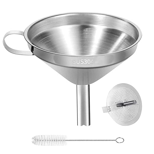 Stainless Steel Kitchen Funnel, 4.3-Inch Food Grade Metal Funnel with Strainer for Filling Bottles, Transferring Liquid, Oil, Juice, Milk by Ecurfu