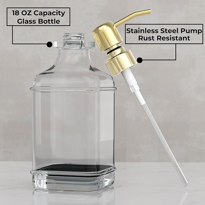 GLADPURE Soap Dispenser - 2 Pack, 18 Oz Antique Design Thick Glass Hand Soap Dispensers; with 304 Rust Proof Stainless Steel Pump, 6Pcs Clear Stickers, for Kitchen, Bathroom - Gold - Image 2