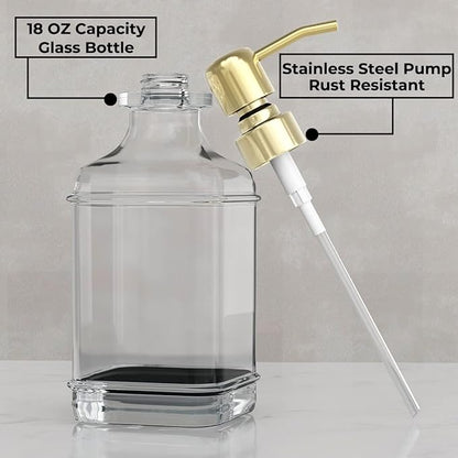 GLADPURE Soap Dispenser - 2 Pack, 18 Oz Antique Design Thick Glass Hand Soap Dispensers; with 304 Rust Proof Stainless Steel Pump, 6Pcs Clear Stickers, for Kitchen, Bathroom - Gold - Image 2
