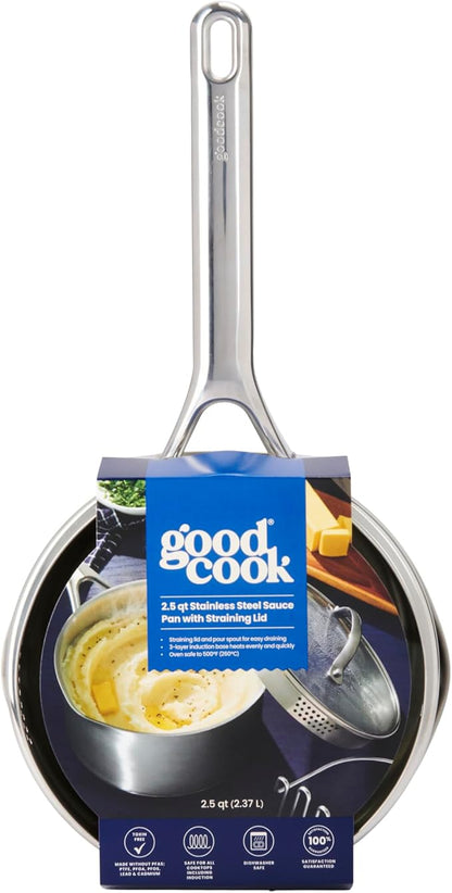 GoodCook Stainless Steel Sauce Pan with Strainer Lid Oven-Safe to 500F & Induction-Safe Compatible with All Stovetops 3-Layer Construction for Even Heating PTFE & PFOA Free, 2.5-Quarts, Silver