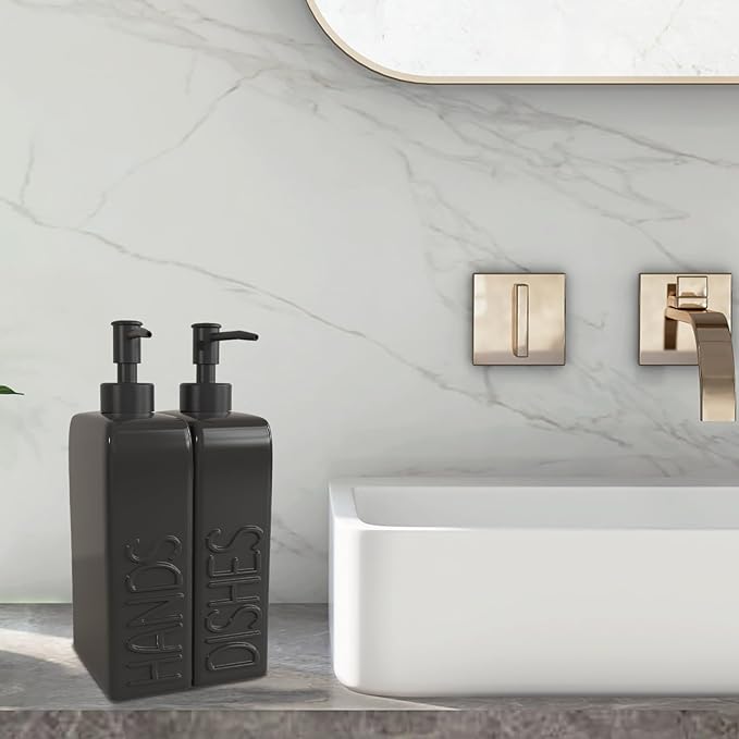 Soap Dispenser Set with Stainless Steel Pump, 2 Pack Ceramic Refillable Dish Soap and Hand Soap Dispenser for Kitchen, Bathroom, Matte Black - Image 2