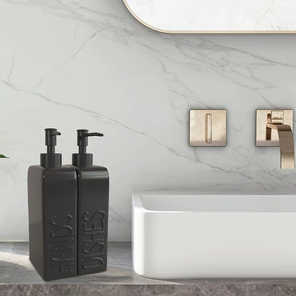 Soap Dispenser Set with Stainless Steel Pump, 2 Pack Ceramic Refillable Dish Soap and Hand Soap Dispenser for Kitchen, Bathroom, Matte Black - Image 2