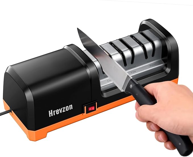 Knife Sharpener Electric for Kitchen Knives, with 100% Diamond Abrasives and Precision Angle Guides, 3-Stage Professional Automatic Quickly Sharpening/Polishing, Black/Orange by Unknown