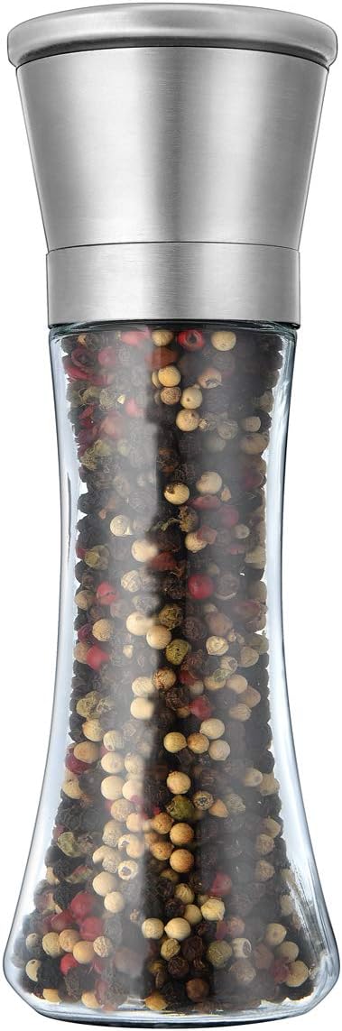 Pepper Grinder or Salt Grinder, Best Spice Mill with Ceramic Blades, Adjustable Coarseness, Brushed Stainless Steel Cap, and Refillable Tall Glass Body with 6OZ Capacity (7.5") by Mincham