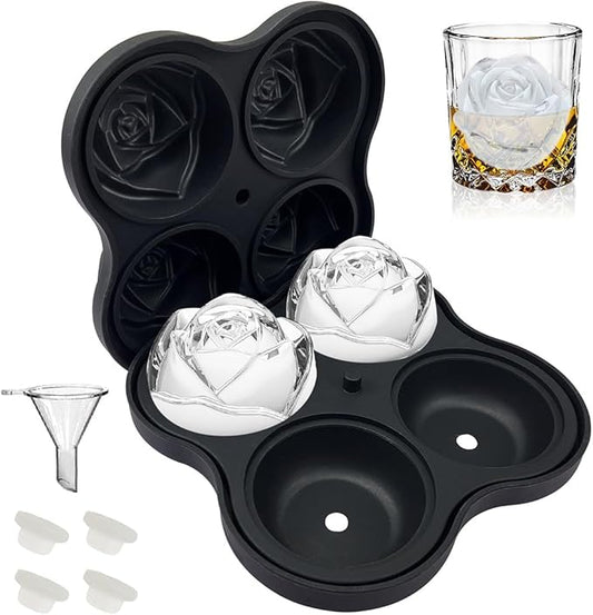 CAMKYDE Rose Ice Cube Tray 2.5 Inch [1 Mold + 1 Funnel + 4 Stoppers], 4 Cavity Silicone Rose Ice Cube Mold for Whiskey, Chilling Cocktails, Bourbon, Juice (Black)