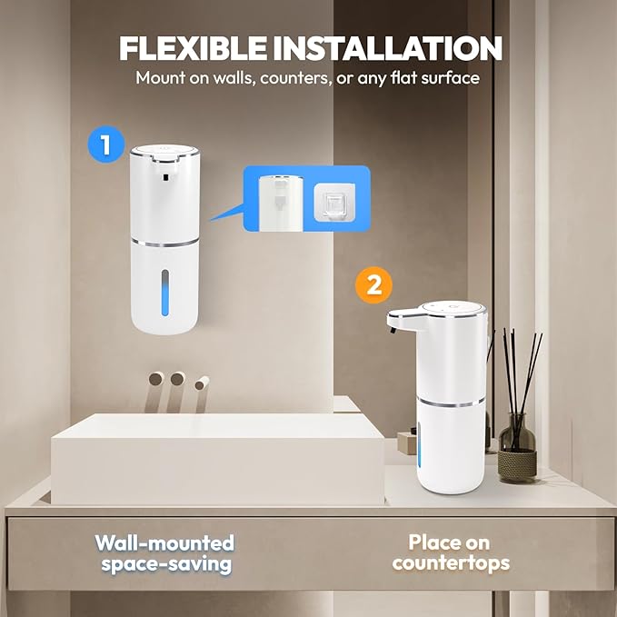 2 Pack Automatic Soap Dispenser Touchless,Liquid Hand Soap Dispenser 12.8oz Electric Wall Mounted Smart for Bathroom and Kitchen Dish Soap，Easy for Toddlers(White) - Image 6