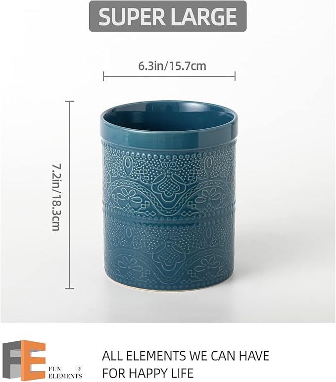 Fun Elements Kitchen Utensil Holder, 7.2" Super Large Utensil Crock Heavy and Stable Lace Emboss Ceramic Utensil Holder for Kitchen Counter (Grayish Blue) - Image 4