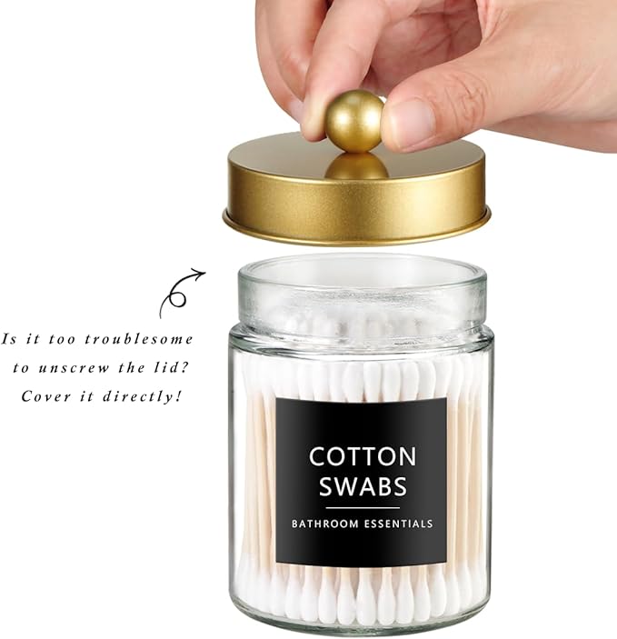 SheeChung Qtip Dispenser Holder 1pcs, Glass apothecary jars with Stainless Steel Lids &Stickers, Countertop Canister Guest Bathroom Storage Organizer Set for Cotton Swabs/Balls, Floss Picks(Gold)