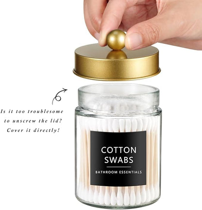 SheeChung Qtip Dispenser Holder 1pcs, Glass apothecary jars with Stainless Steel Lids &Stickers, Countertop Canister Guest Bathroom Storage Organizer Set for Cotton Swabs/Balls, Floss Picks(Gold)