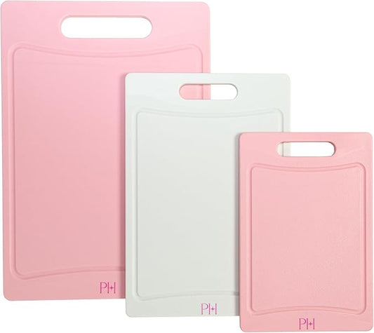 Paris Hilton Cutting Boards, Dual-Sided Cutting Board Set with Built-in Juice Grooves, Easy-Grip Handles, Heavy-Duty Plastic Made without BPA, Dishwasher Safe, 3-Piece Set, Pink and Cream by TheWorldofParisHilton