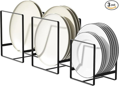 Metal Drying Rack, 3 Pack Inside Cabinet Plate Holders Organizers, Upright Dish Racks for Countertop and Cupboard, Large Capacity, Black (20x16x11.5 cm Each)