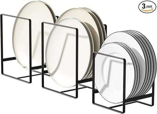 Metal Drying Rack, 3 Pack Inside Cabinet Plate Holders Organizers, Upright Dish Racks for Countertop and Cupboard, Large Capacity, Black (20x16x11.5 cm Each)