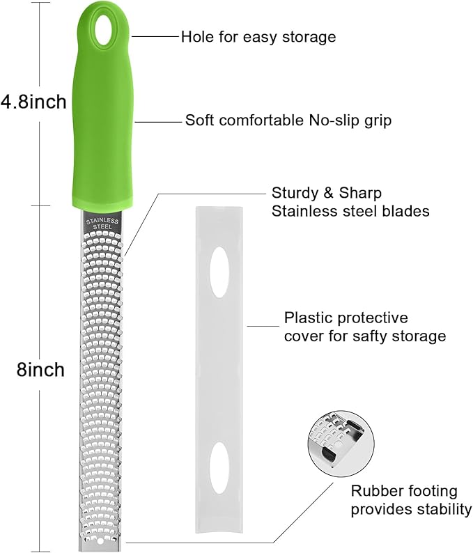 8-Inch Lemon Zester & Cheese Grater 18/8 Stainless Steel Citrus Zester for Lemon, Lime, Parmesan, Garlic & Ginger 8’’ Long Razor Sharp Blade, Ergonomic Non‑Slip Handle with Protective Cover, Green