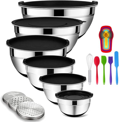Rottay Mixing Bowls Set with Airtight Lids, 20PCS Stainless Steel, Nesting Bowls with 3 Grater Attachments & Non-Slip Bottoms, Size7, 4, 3, 2, 1.5, 1QT Bowls for Baking&Prepping by Rottay