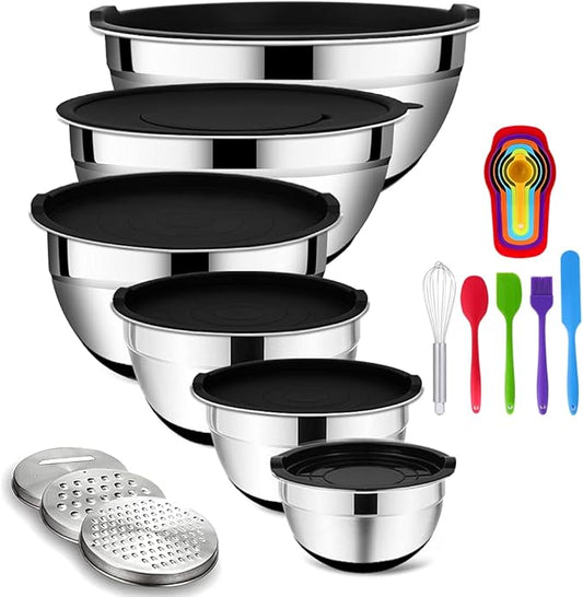 Rottay Mixing Bowls Set with Airtight Lids, 20PCS Stainless Steel, Nesting Bowls with 3 Grater Attachments & Non-Slip Bottoms, Size7, 4, 3, 2, 1.5, 1QT Bowls for Baking&Prepping by Rottay