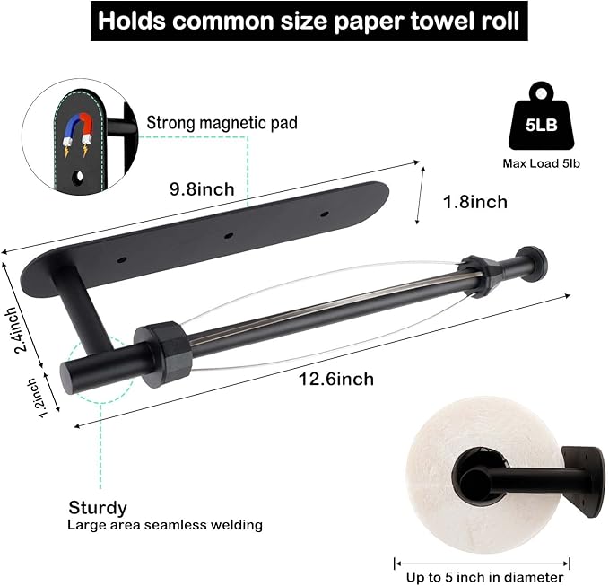 KIHOGEM Magnetic Paper Towel Holder, One Hand Operable Paper Towel Holder Wall Mount Self Adhesive and Strong Magnetic Backing for Kitchen Refrigerator Grill RV(Black) - Image 6